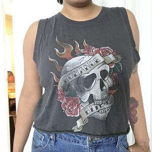 Hollister dark grey skull flame romance bites distressed tank top